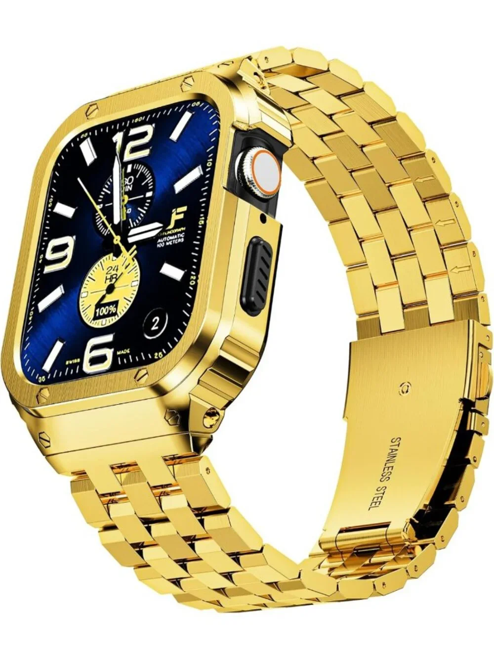 Rugged Stainless Steel Case for Apple Watch 45mm, Adjustable Metal Band, Gold